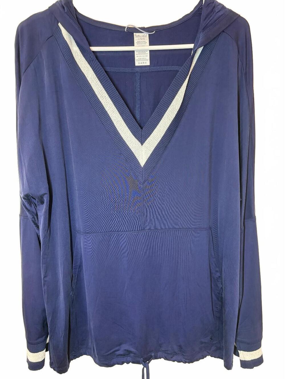 Splendid Women's Large Navy Blue Hooded Pullover with V-Neck and Drawstring
